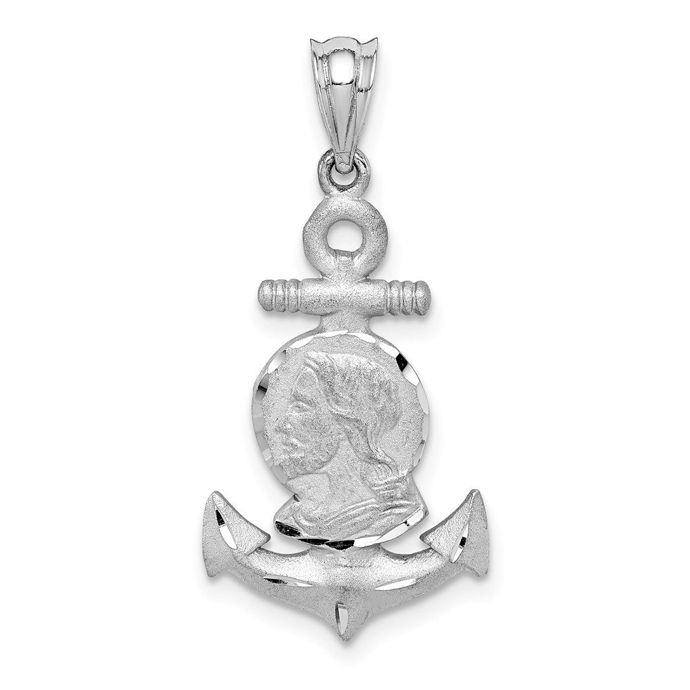 14K Weißgold Anhänger mit weiß gebürstetem Jesuskopf und diamantgeschliffenem Anker