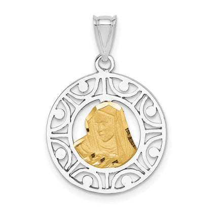 14K Bicolor-Gold gebürsteter und polierter Jungfrau-Maria-Anhänger mit Diamantschliff