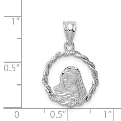 14K Weißgold Weiß Gebürsteter & Polierter Diamantgeschliffener Jungfrau-Maria-Anhänger