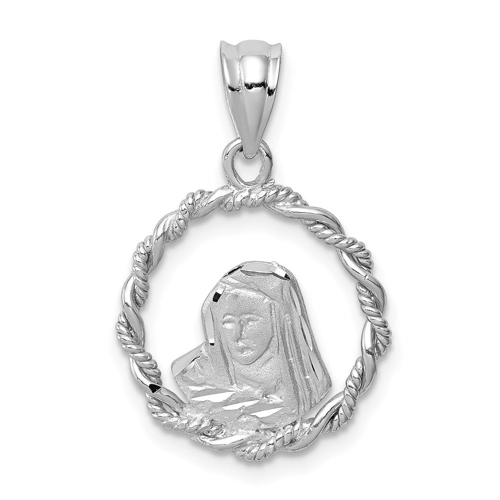 14K Weißgold Weiß Gebürsteter & Polierter Diamantgeschliffener Jungfrau-Maria-Anhänger