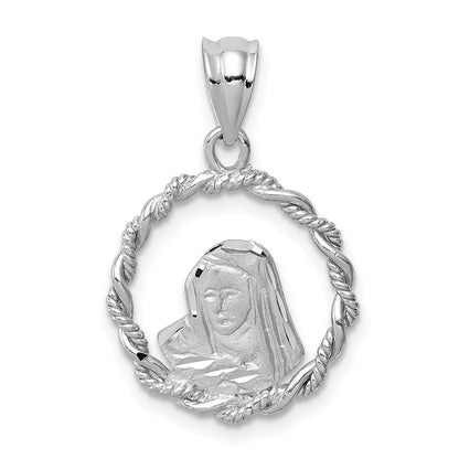 14K Weißgold Weiß Gebürsteter & Polierter Diamantgeschliffener Jungfrau-Maria-Anhänger