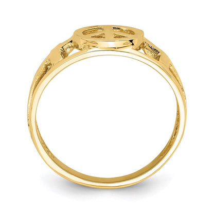 14K Gelbgold Ring mit Friedenszeichen und Kreuz, poliert
