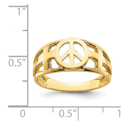 14K Gelbgold Ring mit Friedenszeichen und Kreuz, poliert