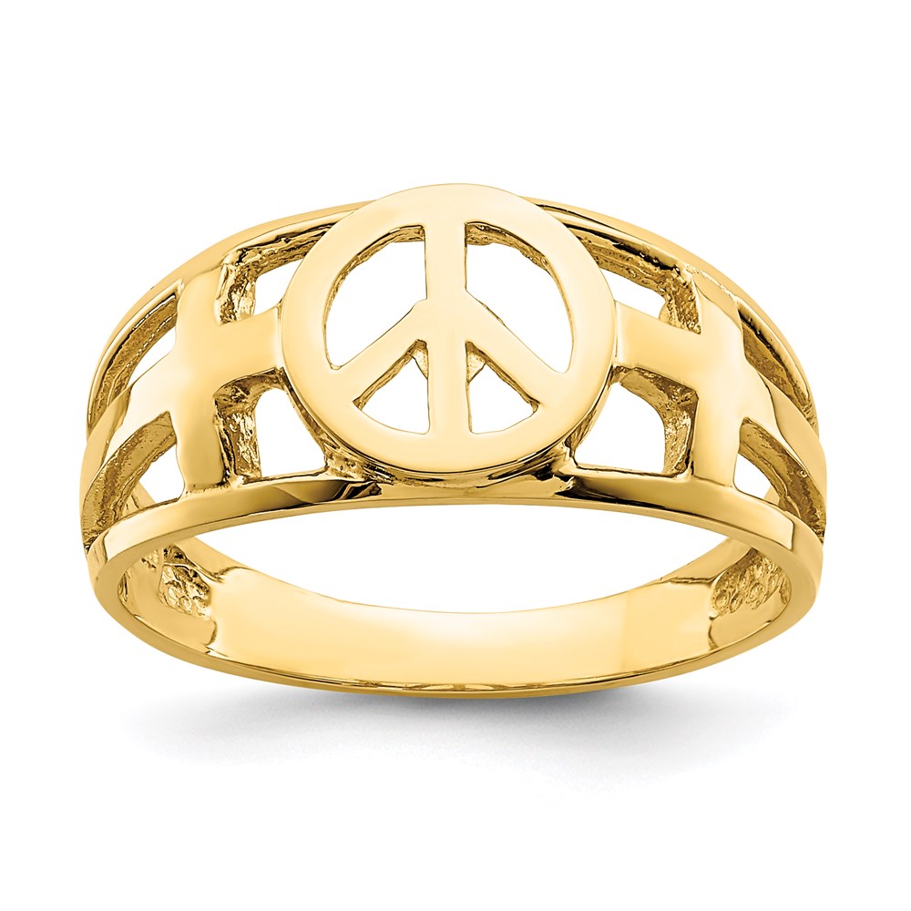 14K Gelbgold Ring mit Friedenszeichen und Kreuz, poliert