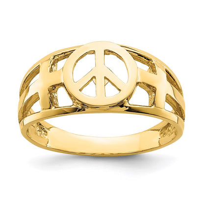 14K Gelbgold Ring mit Friedenszeichen und Kreuz, poliert