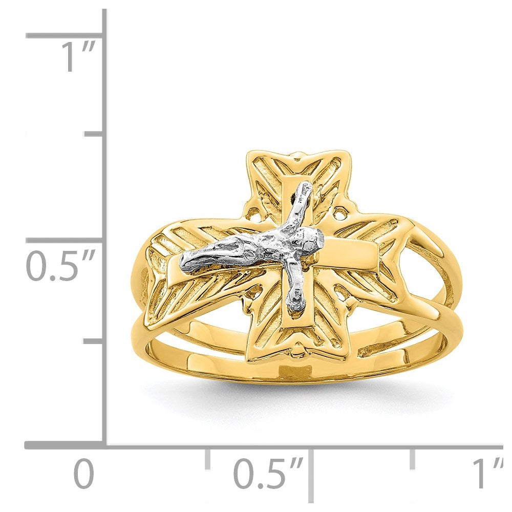 14K Bicolor-Gold Kruzifix-Ring, poliert