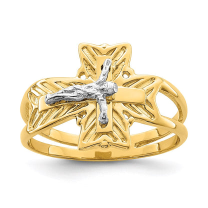 14K Bicolor-Gold Kruzifix-Ring, poliert
