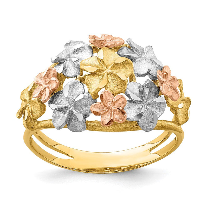 14K Zweifarbiges Gold & Weißrhodium gebürsteter & polierter Plumeria-Ring mit Diamantschliff