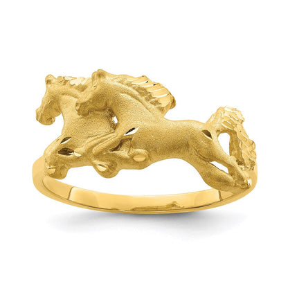 14K Gelbgold Ring, gebürstet & poliert, diamantiert, Pferd