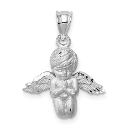 14K Weißgold Weiß Gebürsteter & Diamantgeschliffener Engel-Anhänger