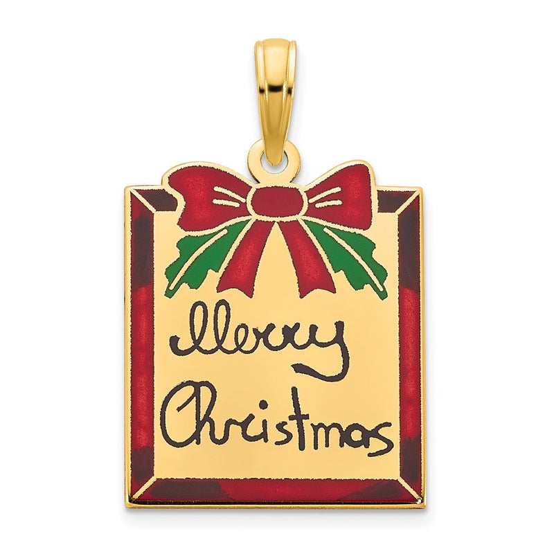 14K Gelbgold Polierter Merry-Christmas-Geschenk-Anhänger mit Epoxidharz