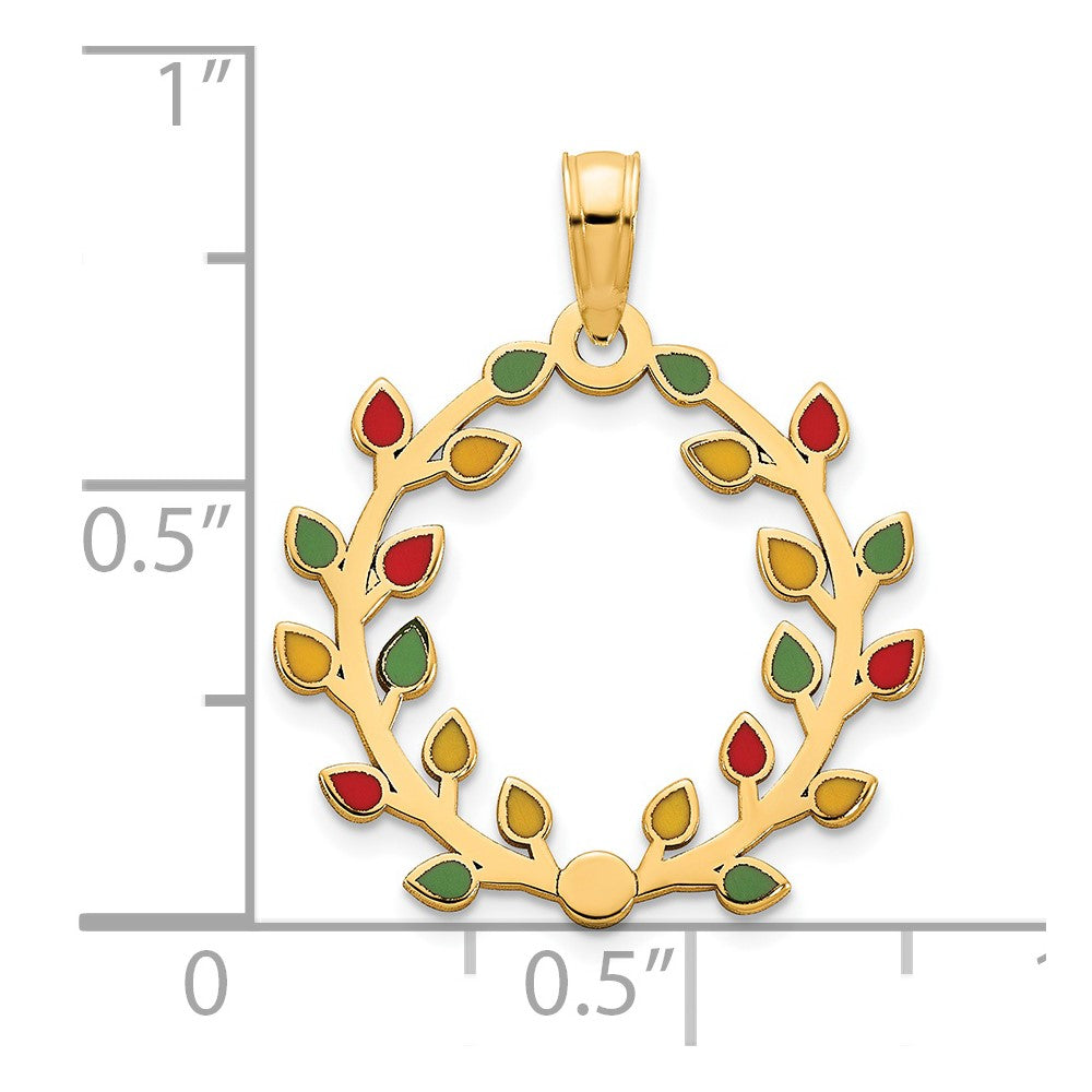 14 Karat Gelbgold Kranz-Anhänger mit Weihnachtslichtern, poliert, mit Epoxidharz