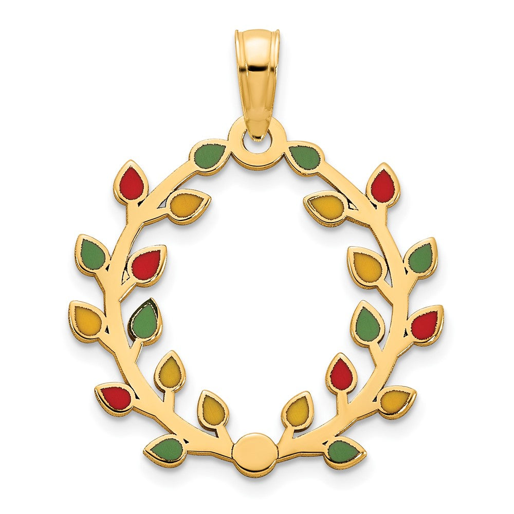 14 Karat Gelbgold Kranz-Anhänger mit Weihnachtslichtern, poliert, mit Epoxidharz