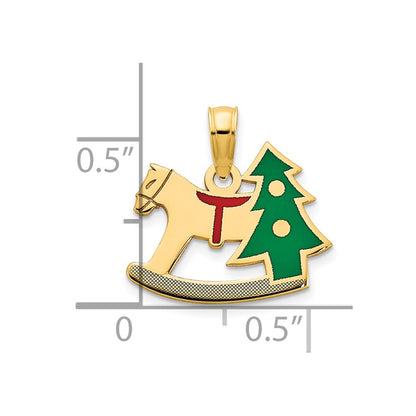 14K Gelbgold Poliert Epoxid Rocking Pferd mit Weihnachten Baum Anhänger