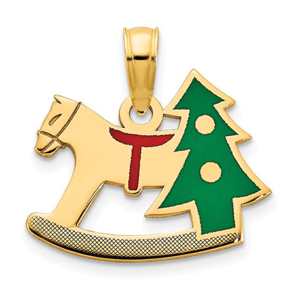 14K Gelbgold Poliert Epoxid Rocking Pferd mit Weihnachten Baum Anhänger