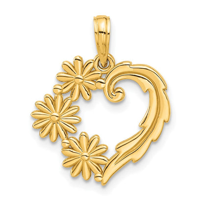 14K Gelbgold Poliert Blumen Herz Anhänger