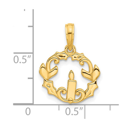 14K Gelbgold Poliert Candle mit Holly Kreis Anhänger