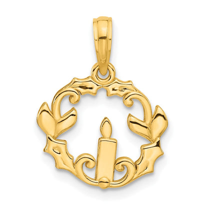 14K Gelbgold Poliert Candle mit Holly Kreis Anhänger