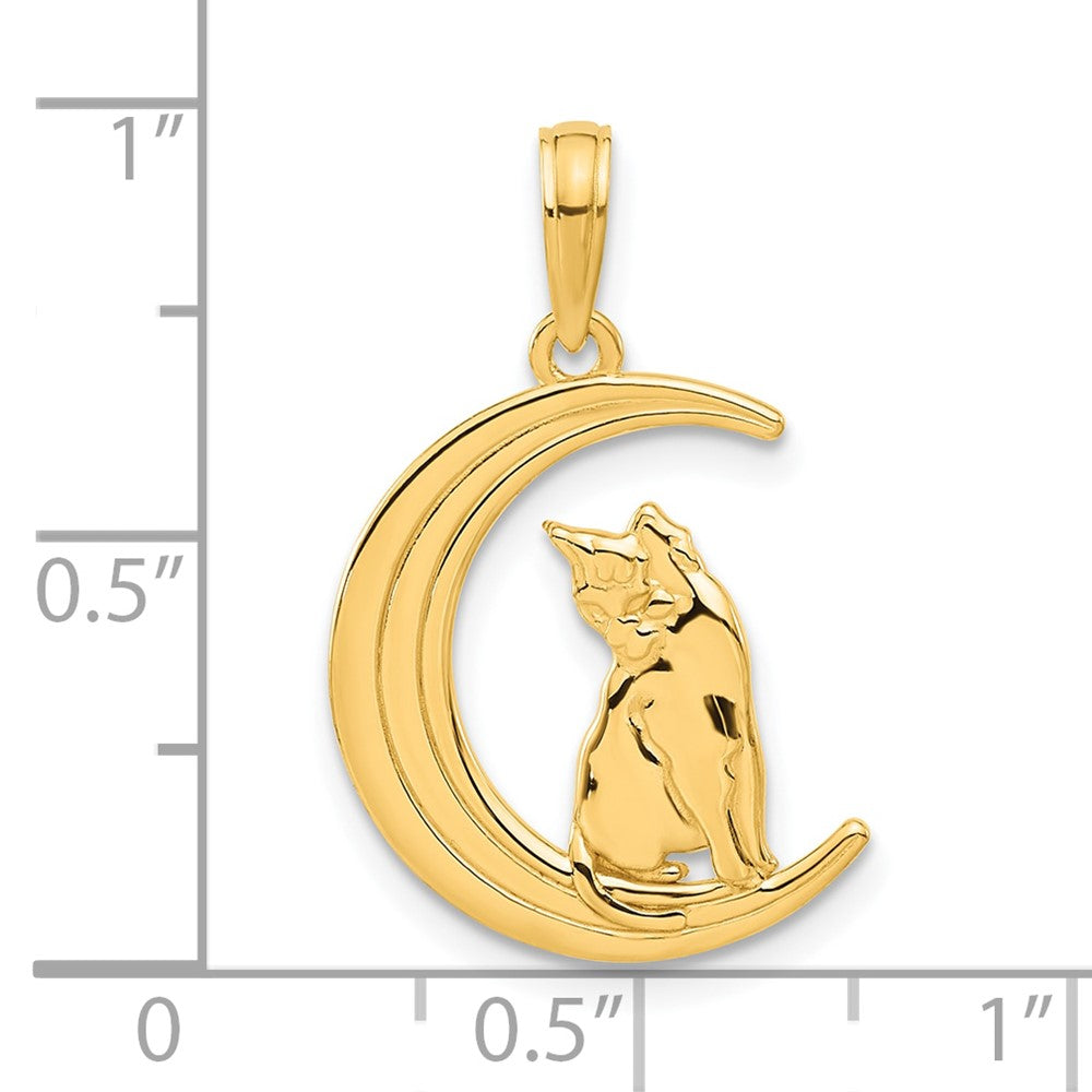 14K Gelbgold Poliert Katze Sitting auf Mond Anhänger