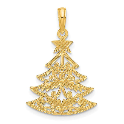 14K Gelbgold Poliert Fantasie Scrolled Weihnachten Baum Anhänger
