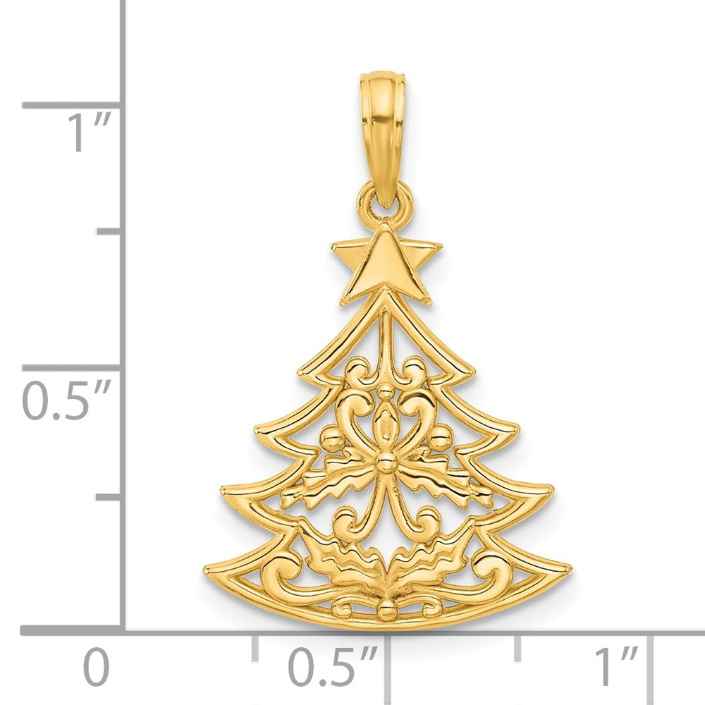 14K Gelbgold Poliert Fantasie Scrolled Weihnachten Baum Anhänger