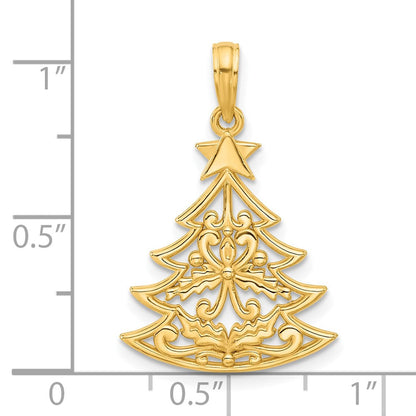 14K Gelbgold Poliert Fantasie Scrolled Weihnachten Baum Anhänger