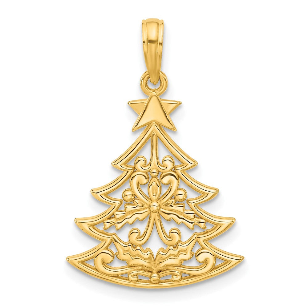 14K Gelbgold Poliert Fantasie Scrolled Weihnachten Baum Anhänger