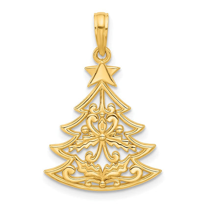14K Gelbgold Poliert Fantasie Scrolled Weihnachten Baum Anhänger