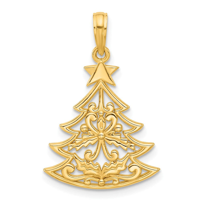 14K Gelbgold Poliert Fantasie Scrolled Weihnachten Baum Anhänger