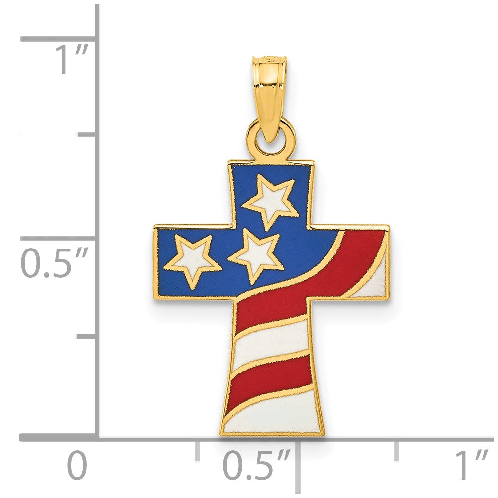 14K Gelbgold Poliert und Emailliert American Flag Kreuz Anhänger