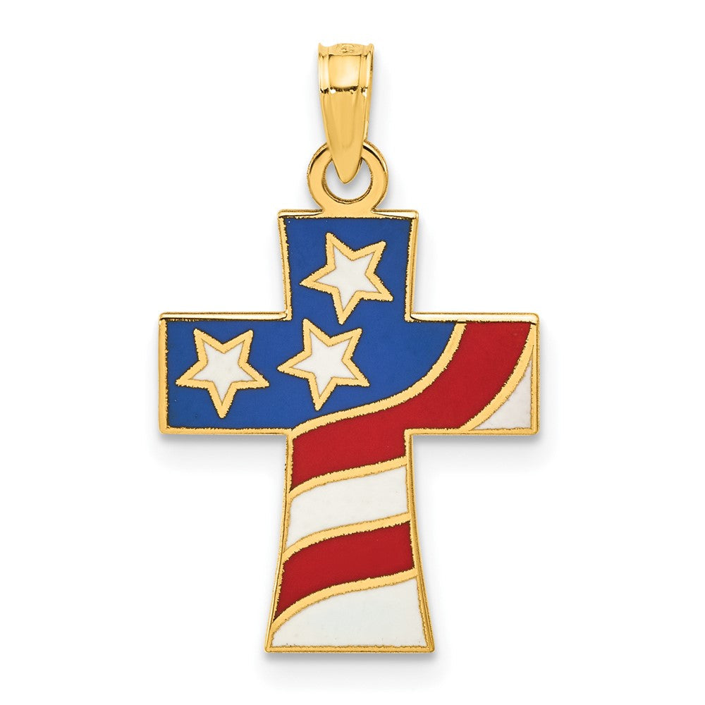 14K Gelbgold Poliert und Emailliert American Flag Kreuz Anhänger