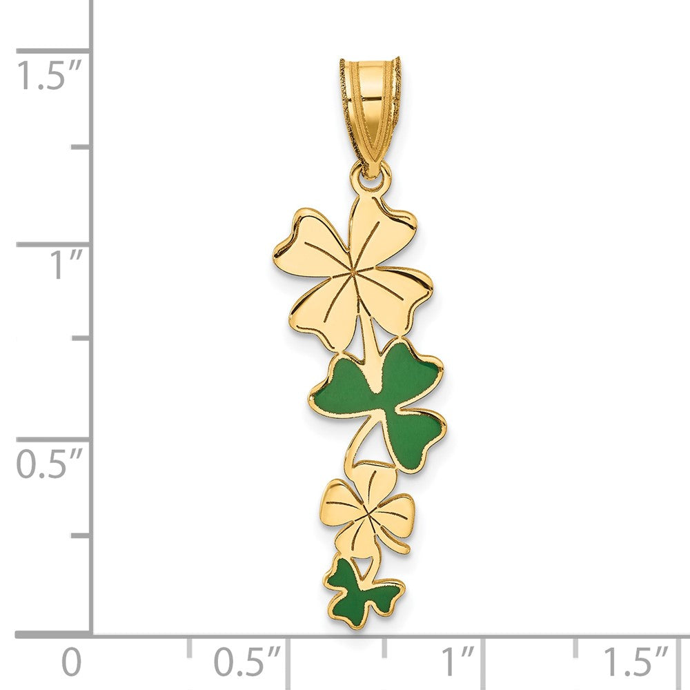 14K Gelbgold Poliert mit Grün Emailliert Clovers Anhänger
