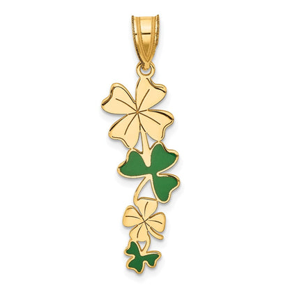 14K Gelbgold Poliert mit Grün Emailliert Clovers Anhänger
