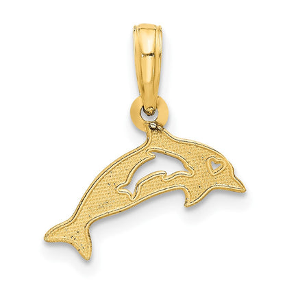 14K Gelbgold Poliert Delfin mit Ausgeschnitten Baby Delfin Anhänger