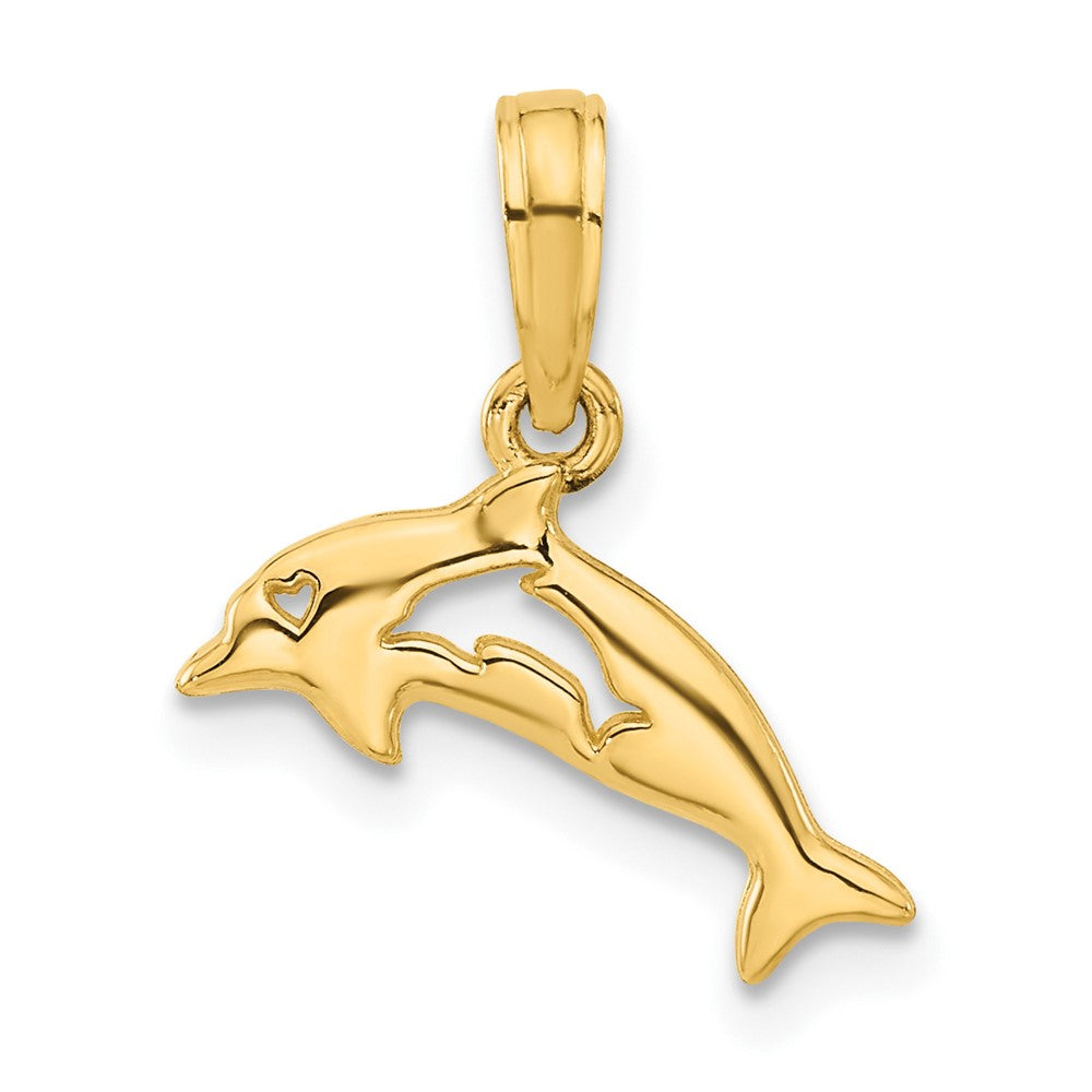 14K Gelbgold Poliert Delfin mit Ausgeschnitten Baby Delfin Anhänger