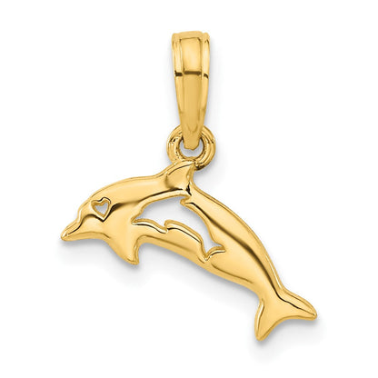 14K Gelbgold Poliert Delfin mit Ausgeschnitten Baby Delfin Anhänger