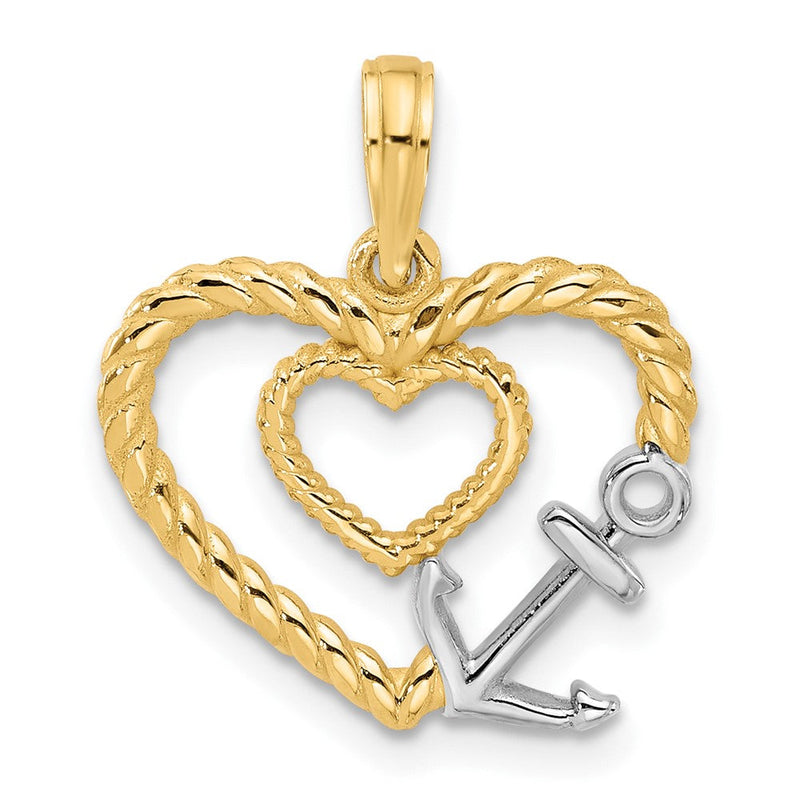 14K Gelb & Rhodium mit Rhodium Fantasie Kordel Herz und Anker Charm