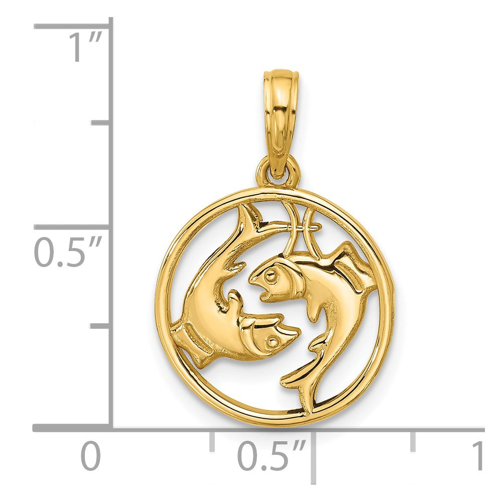 14K Gelbgold Poliert Rund Pisces Anhänger