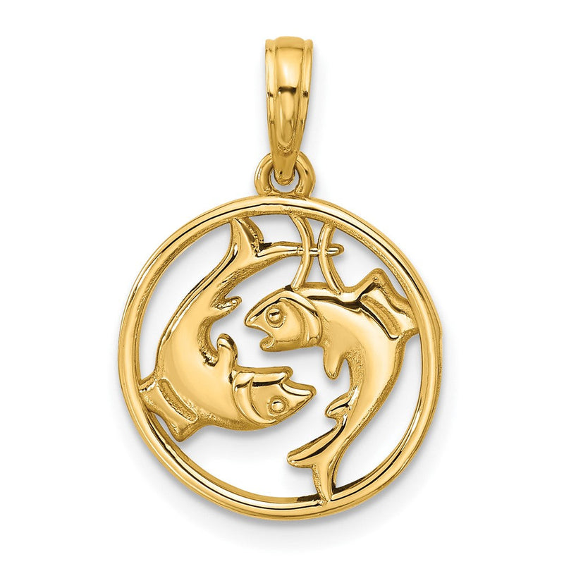 14K Gelbgold Poliert Rund Pisces Anhänger