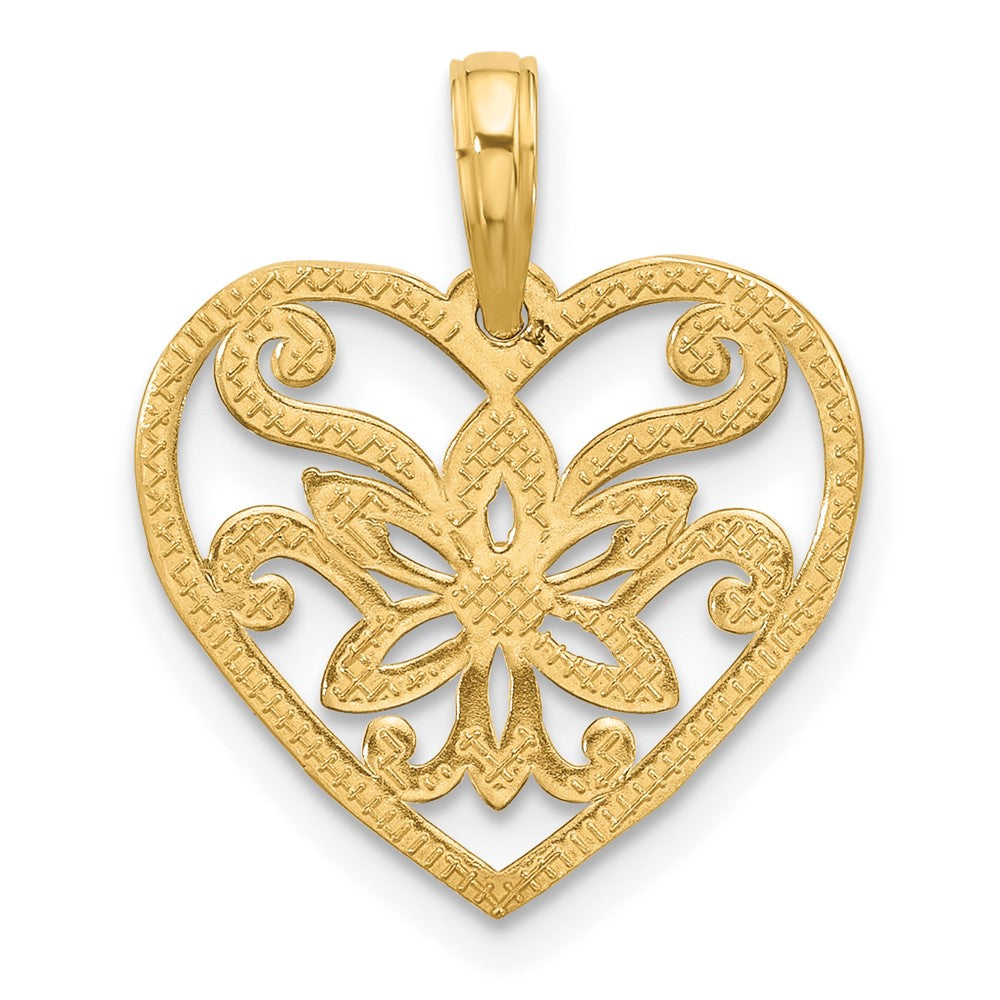 14K Gelbgold Poliert Fantasie Blume und Herz Charm