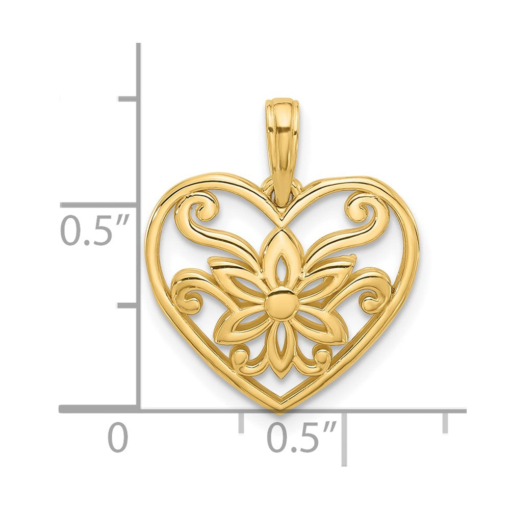 14K Gelbgold Poliert Fantasie Blume und Herz Charm