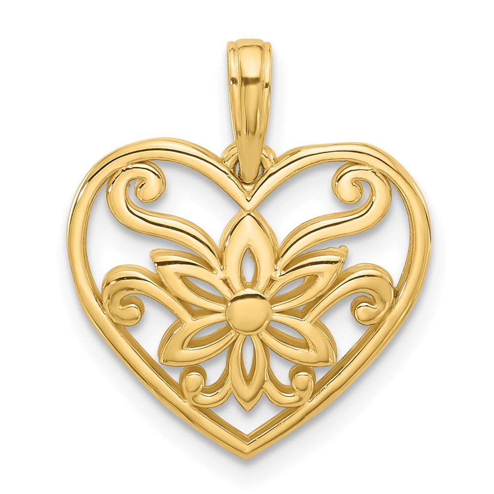 14K Gelbgold Poliert Fantasie Blume und Herz Charm