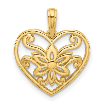 14K Gelbgold Poliert Fantasie Blume und Herz Charm