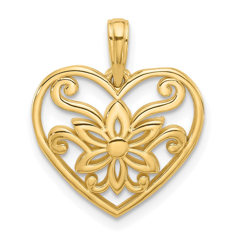 14K Gelbgold Poliert Fantasie Blume und Herz Charm