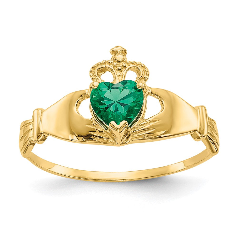14K Gelbgold Grün Zirkonia Poliert Claddagh Ring