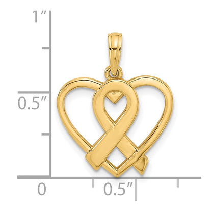 14K Gelbgold Poliert Bewusstsein Schleife und Herz Charm