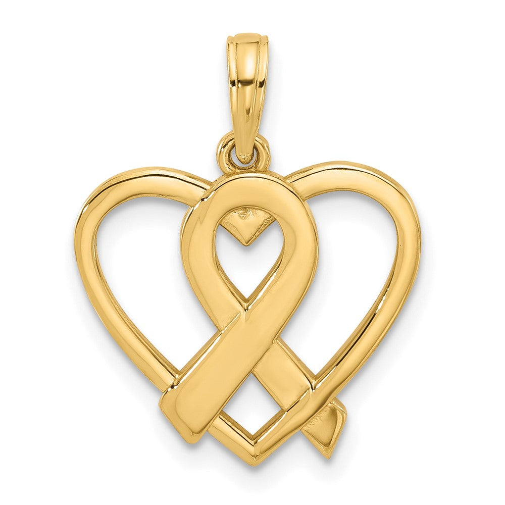 14K Gelbgold Poliert Bewusstsein Schleife und Herz Charm