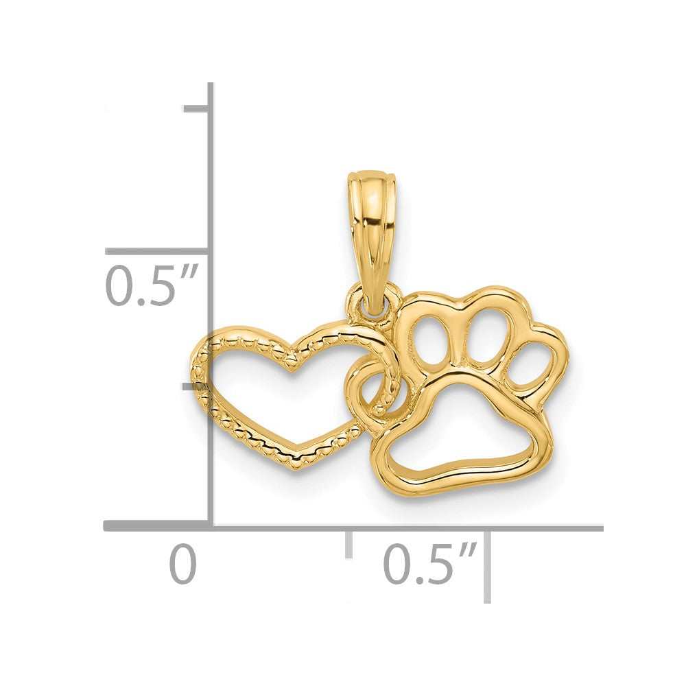 14K Gelbgold Poliert Fantasie Herz und Paw Charm