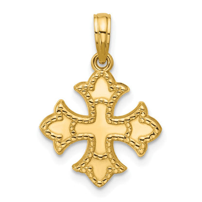 14K Gelbgold Poliert Gekugelt Fleur De Lis Kreuz Anhänger