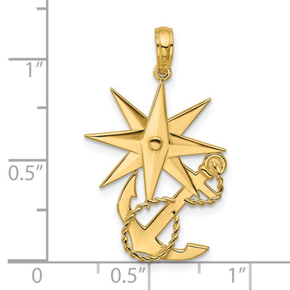 14K Gelbgold Poliert Kompass und Anker mit Kordel Anhänger